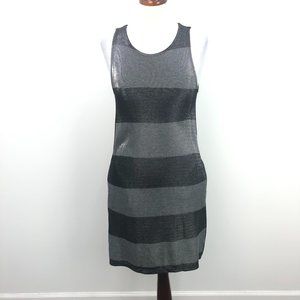 NWT Three Dots Sheath Dress Sz M Black & Silver Metallic Stripes Pockets !